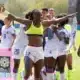Roselord Borgella celebrant la qualification de la selection haitienne de football feminine pour la coupe du monde. Ligue des Nations en preparation.